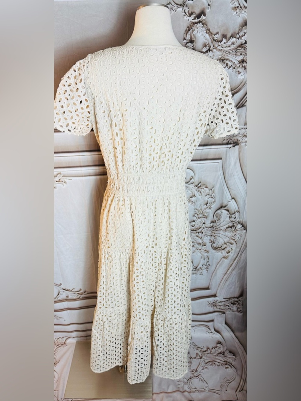 White Eyelet Maxi Dress with Royal Blue Bow Belt - Picture 9 of 13